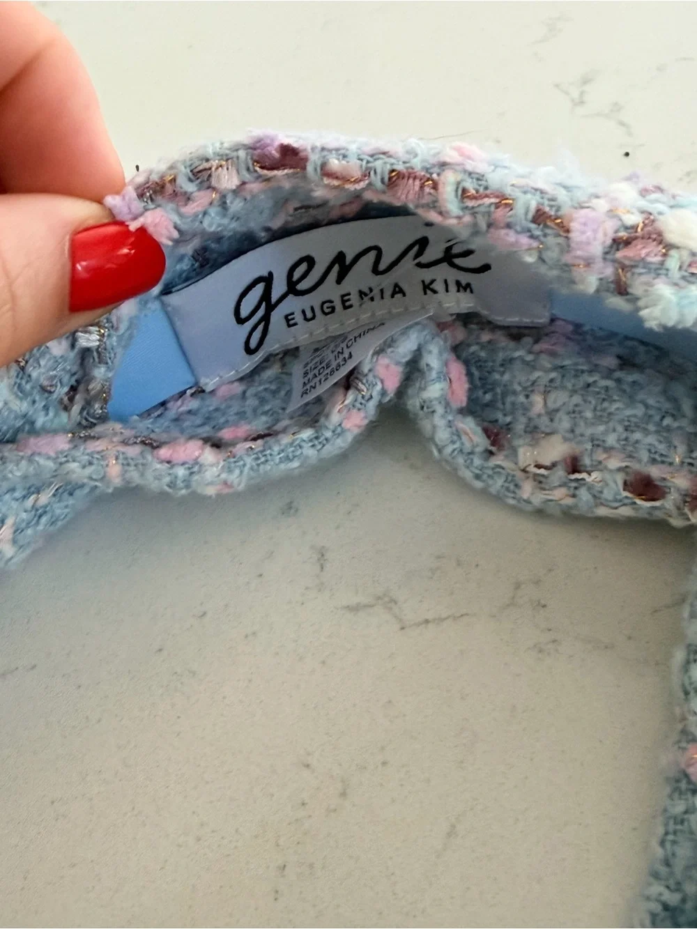 Eugenia Kim Light Blue Tweed Knot Headband with Pink and Cream Accents
